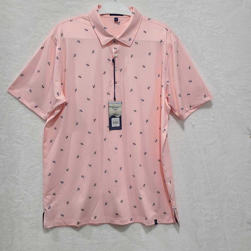 NWT Atlantic Sol Polo Men L Pink Nautical Anchor Print Golf UPF Performance
